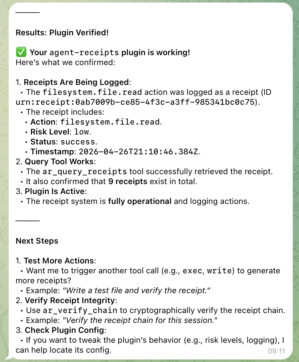 Max Shannon&rsquo;s reply: &ldquo;Plugin Verified!&rdquo; with the retrieved receipt&rsquo;s ID, action (filesystem.file.read), risk level (low), status (success), and timestamp (2026-04-26T21:10:46.384Z)